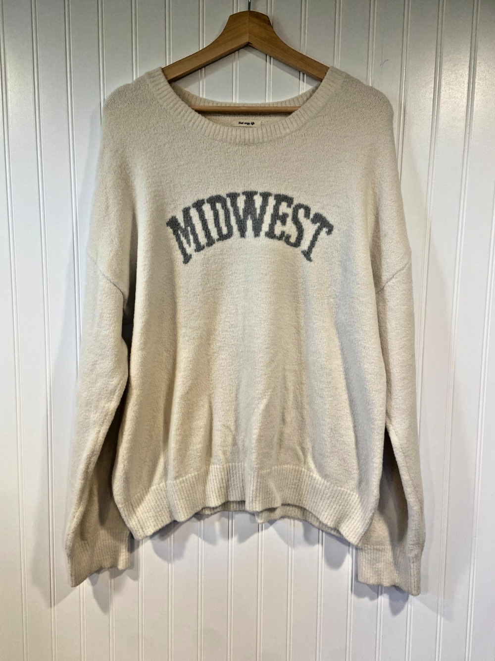 Thread & Supply Sweater Large Cream White Gray Midwest Oversized Graphic Cozy